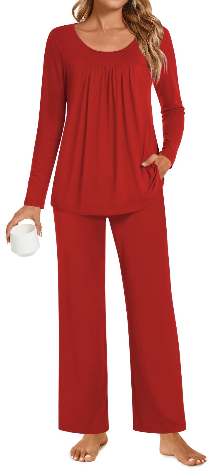 POPYOUNG Womens Pajama Set 2 Pieces Fall Pjs Comfy Sleepwear with Pockets