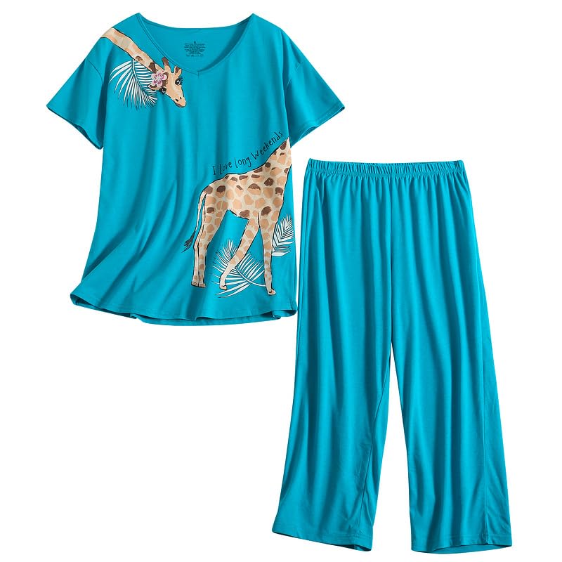 PNAEONG Womens Pajama Set Cotton Short Sleeve Top with Capri Pants Soft Pjs