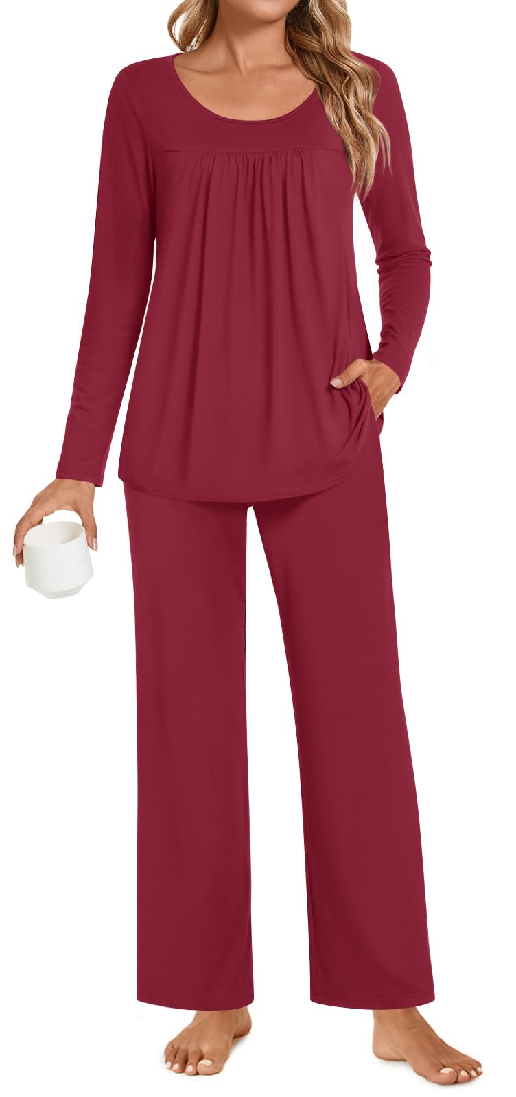 POPYOUNG Womens Pajama Set 2 Pieces Fall Pjs Comfy Sleepwear with Pockets