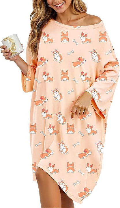 HONGTEYA Plus Size Nightgowns for Women Oversized Sleep Tshirts Dress Short Sleeves Sleepwear With Pocket Fit S-5XL