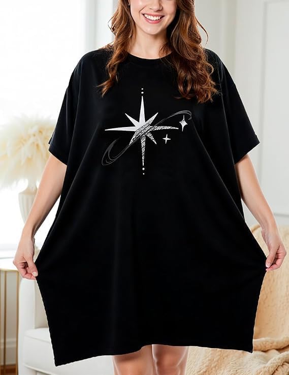 HONGTEYA Plus Size Nightgowns for Women Oversized Sleep Tshirts Dress Short Sleeves Sleepwear With Pocket Fit S-5XL