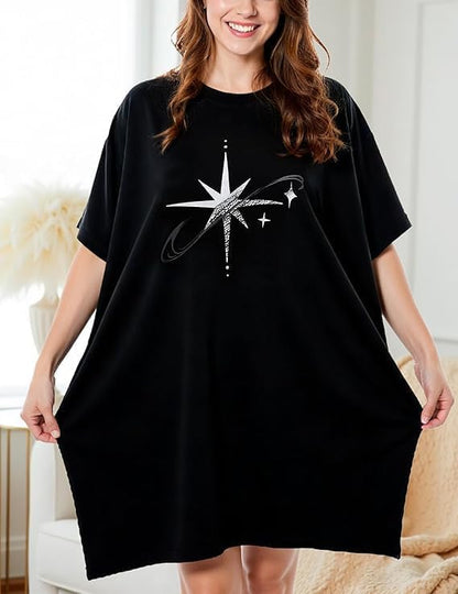 HONGTEYA Plus Size Nightgowns for Women Oversized Sleep Tshirts Dress Short Sleeves Sleepwear With Pocket Fit S-5XL
