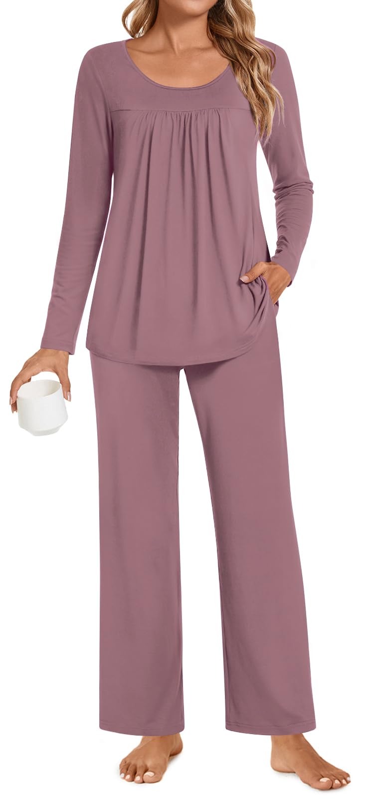 POPYOUNG Womens Pajama Set 2 Pieces Fall Pjs Comfy Sleepwear with Pockets