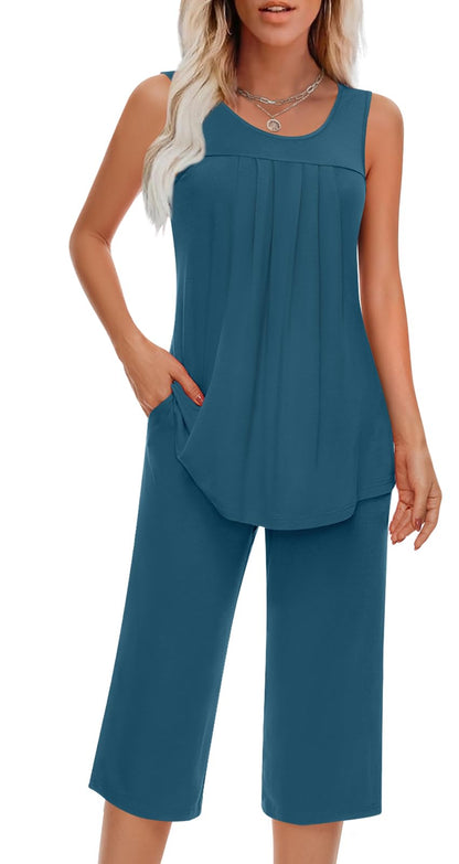 Findsweet Women Pajamas Sets Loungewear Soft Sleepwear Two Piece Summer Sleeveless Pjs Tank Top Pants with Pocket S-4XL