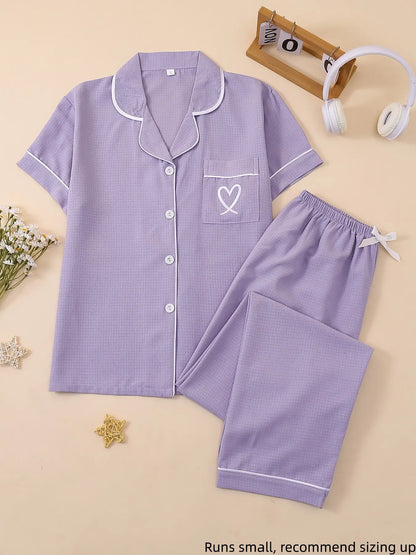 Women's Casual Fitted Sleepwear Set, Soft Fabric Heart Embroidery Pajama Set, Short Sleeves Plain Everyday Home Wear, Loungewear & Nightwear Set, All-Season Pjs, Homewear, Comfy Pajamas