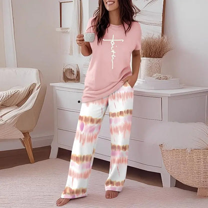 CHICME Women's 2 Piece Sets Round Neck Short Sleeve Top & Ombre Print Loose Pants Matching Pajamas Sets