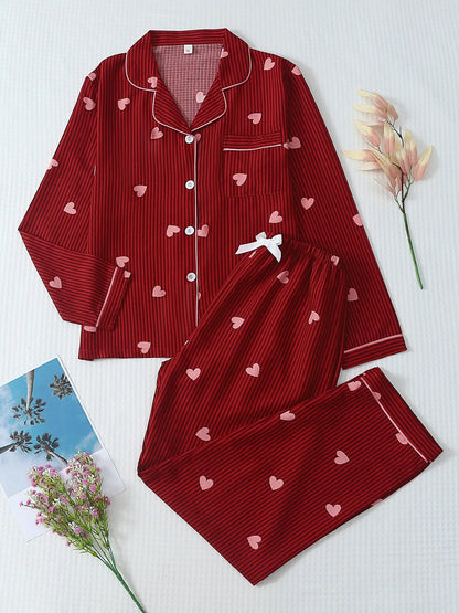 Women's Striped Bow Print Long Sleeve Pajama Set, Sweet Cute Button Front Top and Pants, Casual Home Wear Loungewear for All Seasons
