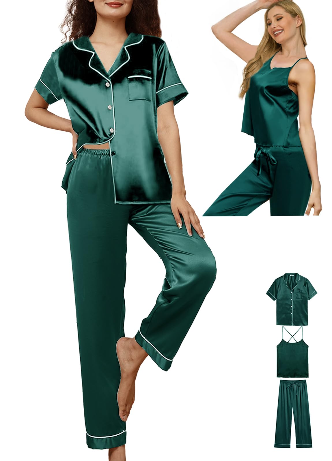 3Pcs Womens Satin Pajamas Set Silk Pj Sets Sexy Camisole Tops And Pants Silky Pajama XS-4XL Pjs Sleepwear