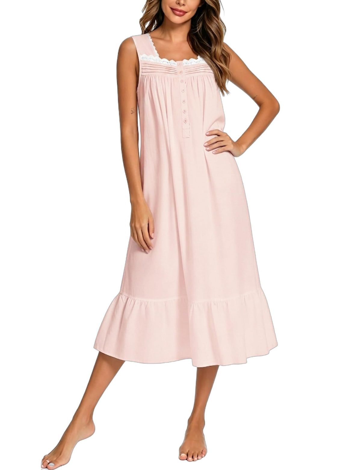 YOZLY Cotton Nightgowns for Women Embroidery Sleeveless Night Gown with Pockets S-XXXL