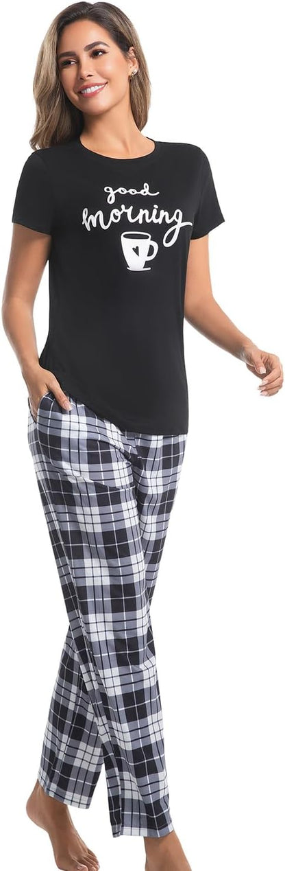 difficort Womens Pajama Sets Short Sleeve Long Pants Sleepwear with Pockets
