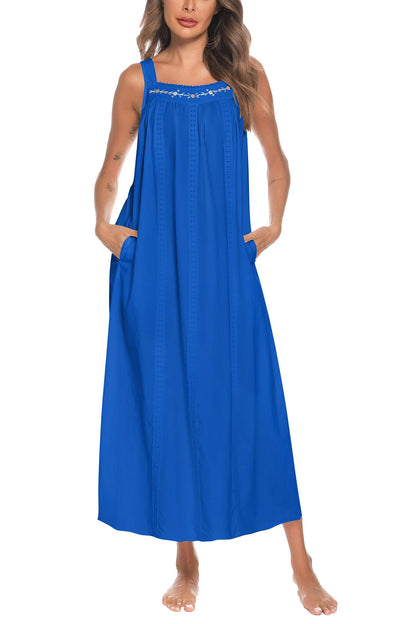 YOZLY Cotton Nightgowns for Women Embroidery Sleeveless Night Gown with Pockets S-XXXL