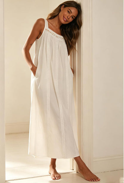 YOZLY Cotton Nightgowns for Women Embroidery Sleeveless Night Gown with Pockets S-XXXL