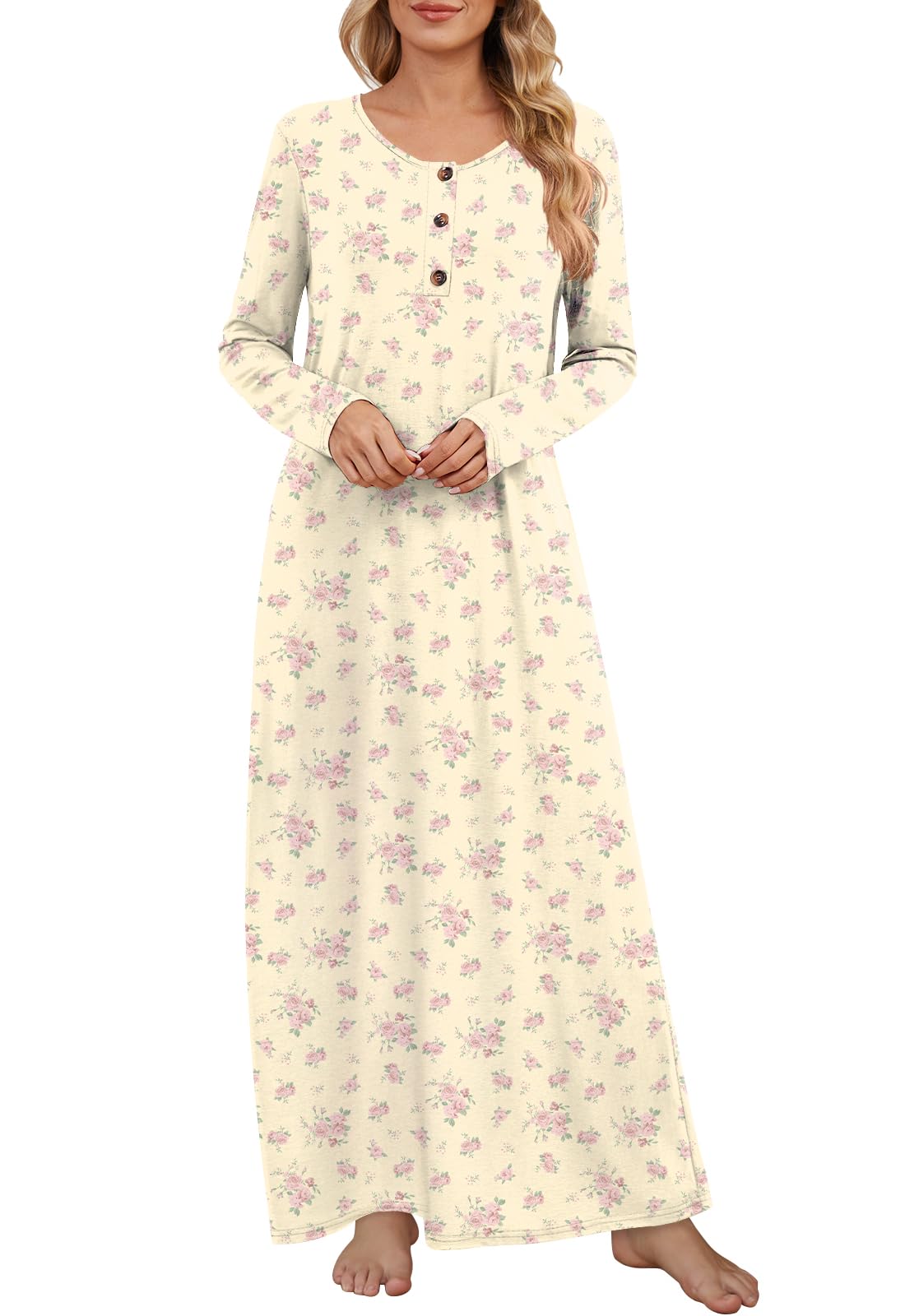 DouBCQ Nightgowns for Women Long Sleeve Button House Dress Soft Sleepwear