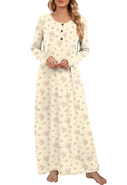 DouBCQ Nightgowns for Women Long Sleeve Button House Dress Soft Sleepwear