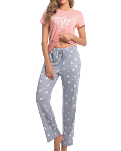 difficort Womens Pajama Sets Short Sleeve Long Pants Sleepwear with Pockets