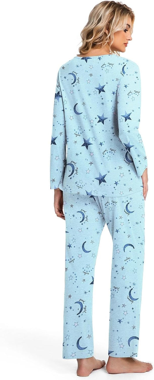 ENJOYNIGHT Womens Pajama Set Cotton Pjs Long Sleeve Sleepwear with Pockets