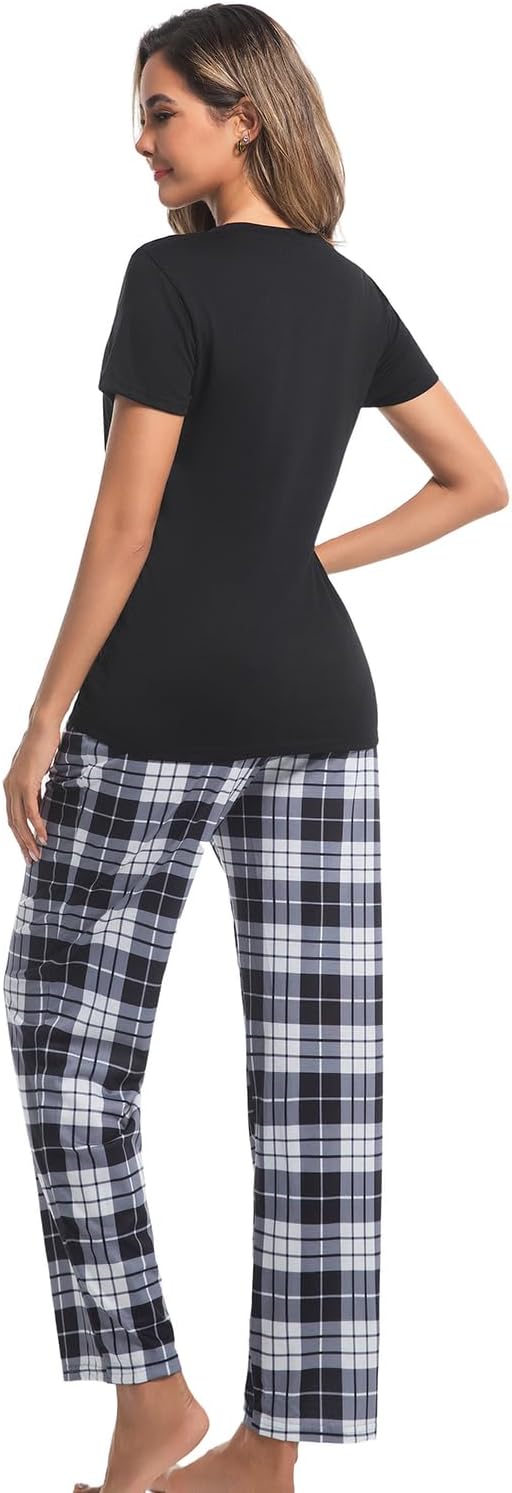 difficort Womens Pajama Sets Short Sleeve Long Pants Sleepwear with Pockets