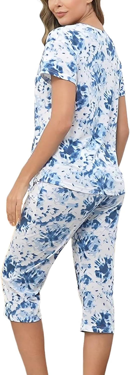 Inadays Womens Pajama Sets Cotton Short Sleeve Top With Capri Pants Pjs
