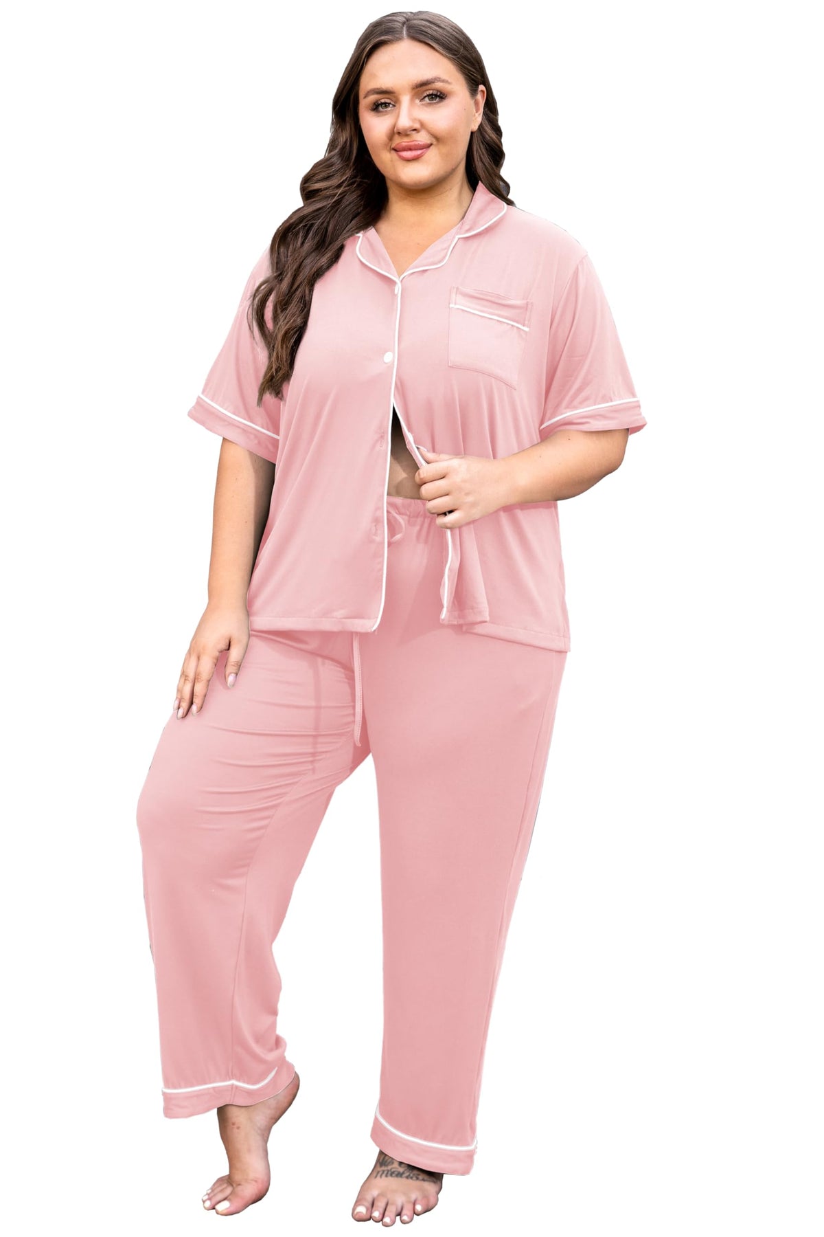 Vozanet Women's Plus Size Pajamas Button Down Shirt and Pants Soft Lounge Sets Bride Nighty Bottom with Pockets 1x to 5x