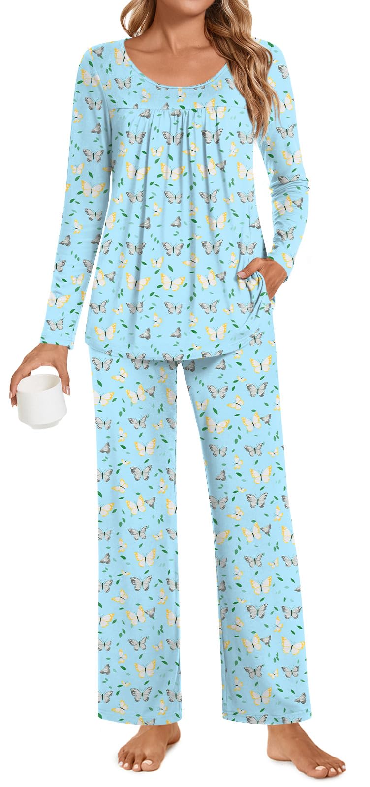 POPYOUNG Womens Pajama Set 2 Pieces Fall Pjs Comfy Sleepwear with Pockets