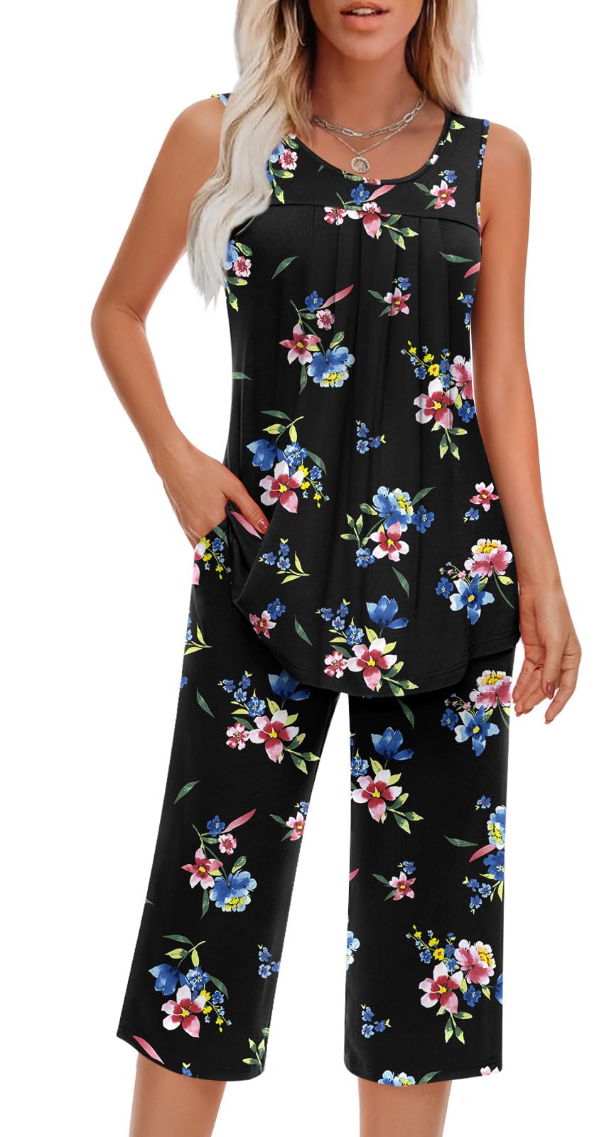 Findsweet Women Pajamas Sets Loungewear Soft Sleepwear Two Piece Summer Sleeveless Pjs Tank Top Pants with Pocket S-4XL