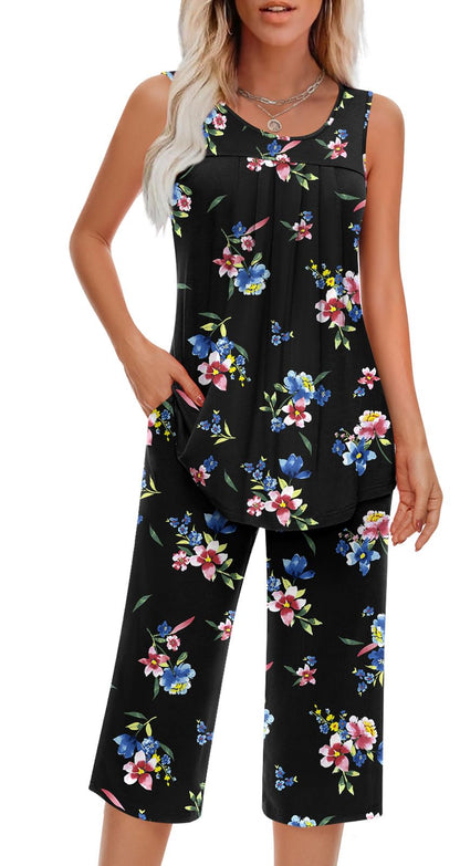 Findsweet Women Pajamas Sets Loungewear Soft Sleepwear Two Piece Summer Sleeveless Pjs Tank Top Pants with Pocket S-4XL