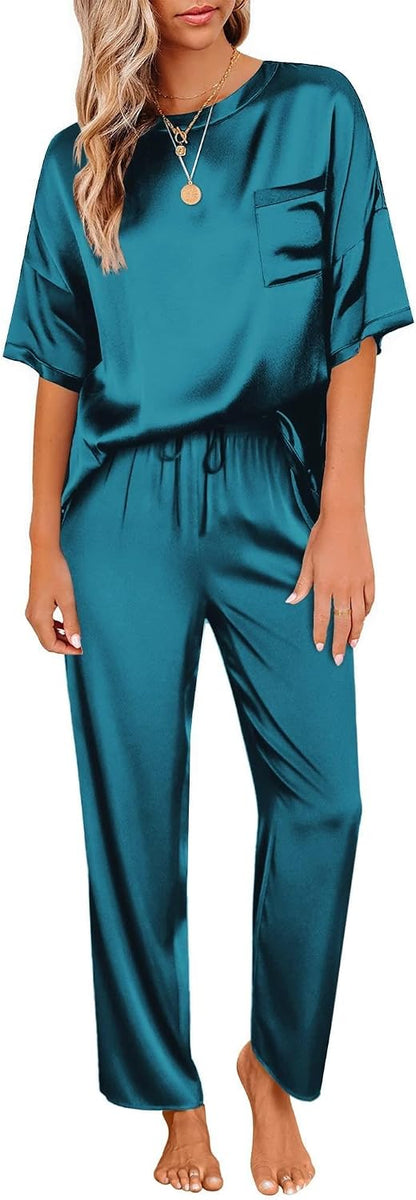 Ekouaer Pajamas for Women Set Silky Satin 2 Piece Lounge Sets with Pockets