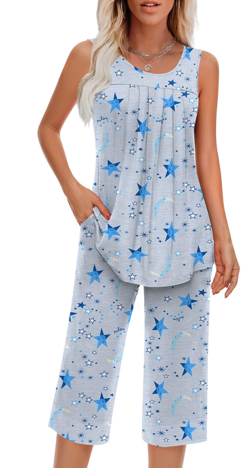 Findsweet Women Pajamas Sets Loungewear Soft Sleepwear Two Piece Summer Sleeveless Pjs Tank Top Pants with Pocket S-4XL