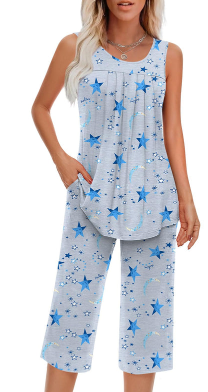 Findsweet Women Pajamas Sets Loungewear Soft Sleepwear Two Piece Summer Sleeveless Pjs Tank Top Pants with Pocket S-4XL