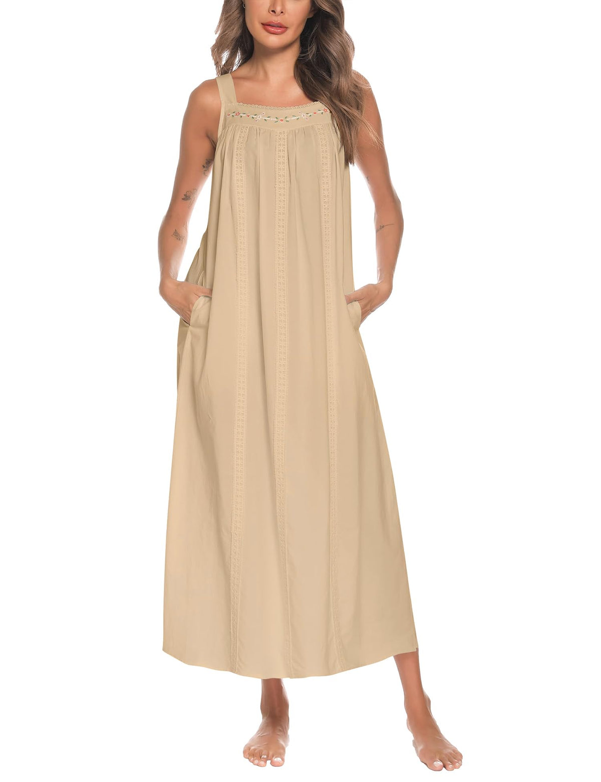 YOZLY Cotton Nightgowns for Women Embroidery Sleeveless Night Gown with Pockets S-XXXL