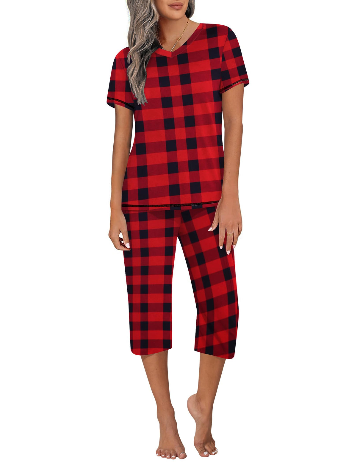 Ekouaer Women's Capri Pajama Sets Short Sleeve Two Piece Summer Lounge Sets
