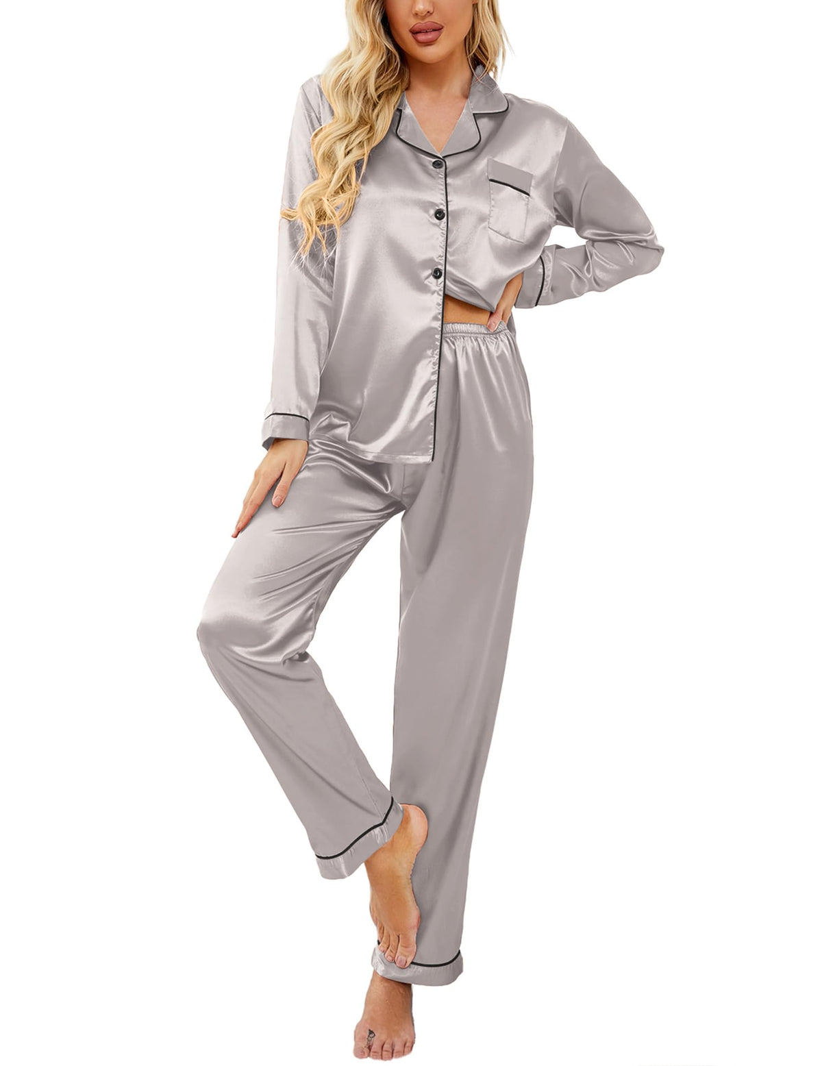 Ekouaer Women's Classic Button Down Long Satin Silk Pajama Set