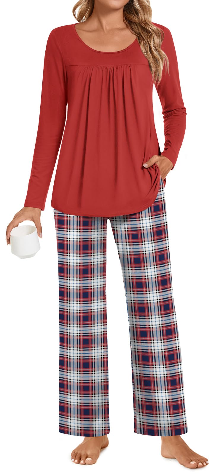 POPYOUNG Womens Pajama Set 2 Pieces Fall Pjs Comfy Sleepwear with Pockets