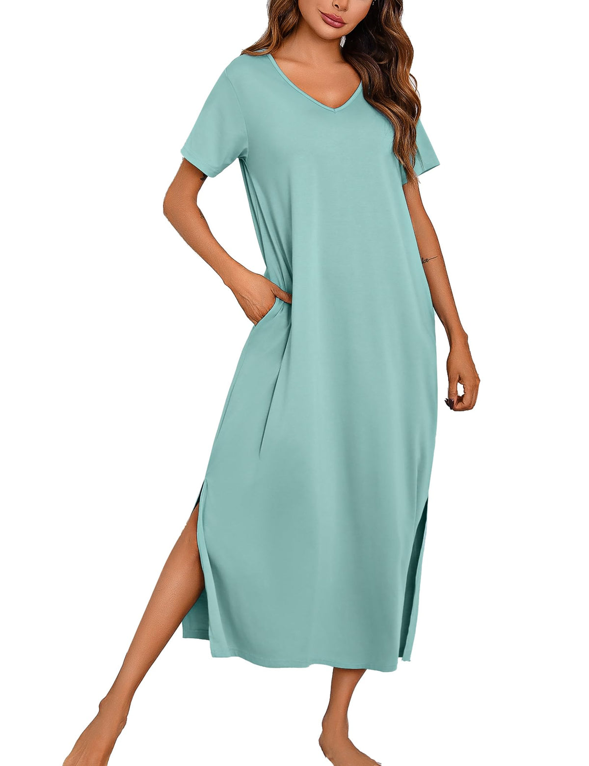 Marvmys Women Short Sleeve Nightgown Cotton Long Nightshirts with Pocket