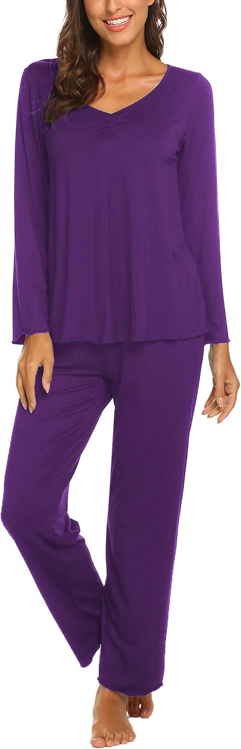 Ekouaer Pajamas for Women Set Long Sleeve Pleated Top and Pants Loungewear