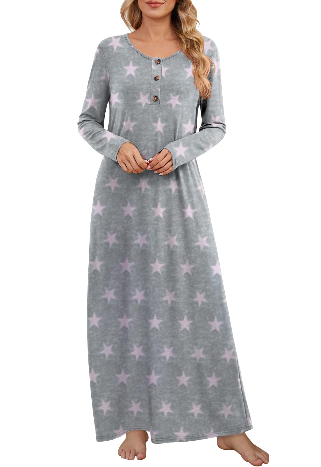 DouBCQ Nightgowns for Women Long Sleeve Button House Dress Soft Sleepwear