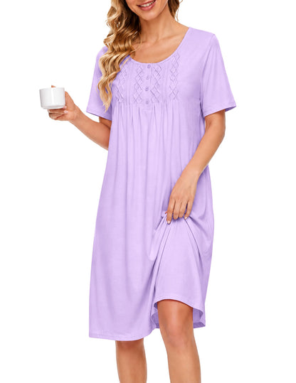 Ekouaer Cotton Nightgowns for Women Short Sleeve House Dress Pleated Moomoo