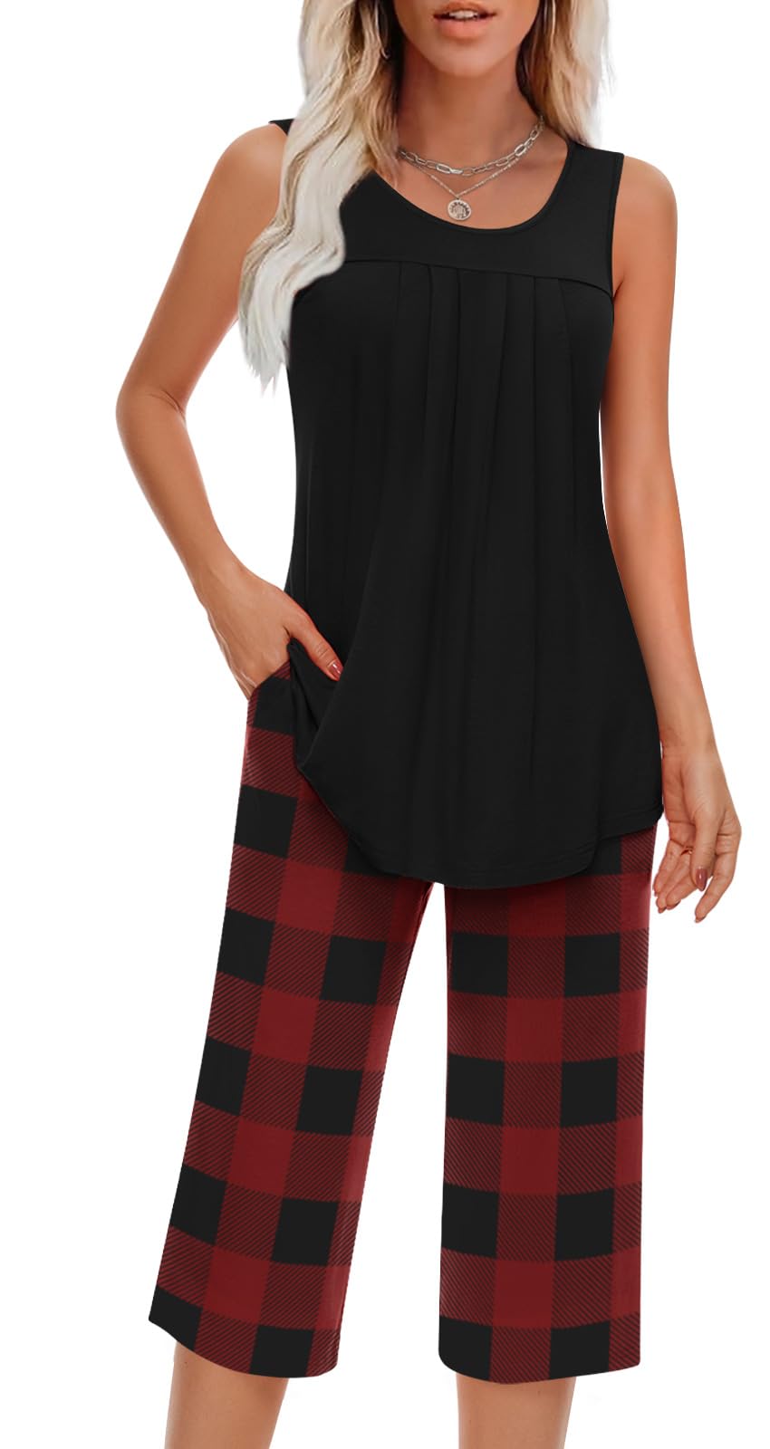 Findsweet Women Pajamas Sets Loungewear Soft Sleepwear Two Piece Summer Sleeveless Pjs Tank Top Pants with Pocket S-4XL