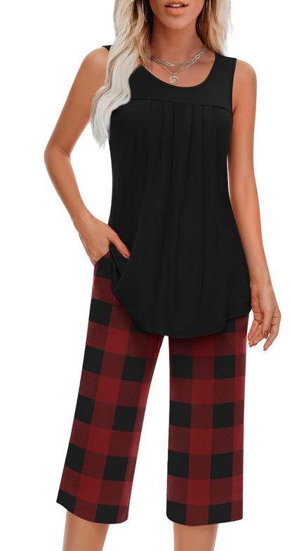Findsweet Women Pajamas Sets Loungewear Soft Sleepwear Two Piece Summer Sleeveless Pjs Tank Top Pants with Pocket S-4XL
