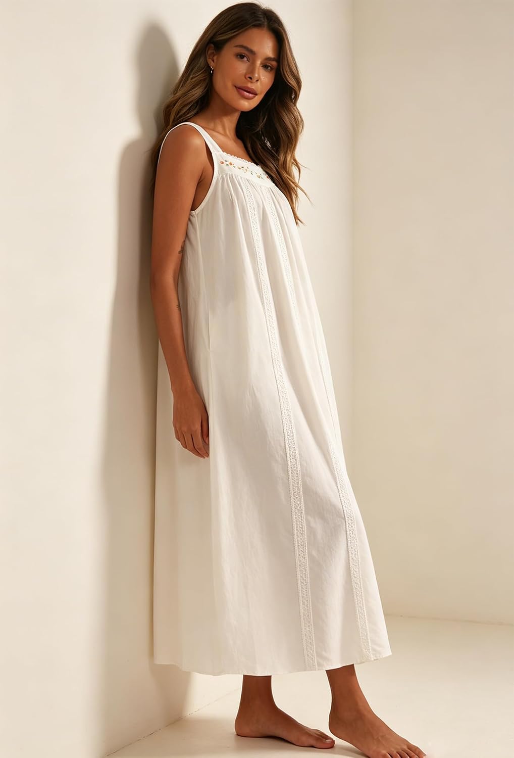 YOZLY Cotton Nightgowns for Women Embroidery Sleeveless Night Gown with Pockets S-XXXL