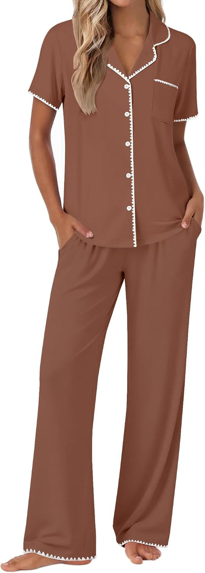 Ekouaer Pajamas for Women Set Button Up Soft Pjs Short Sleeve Lounge Sets