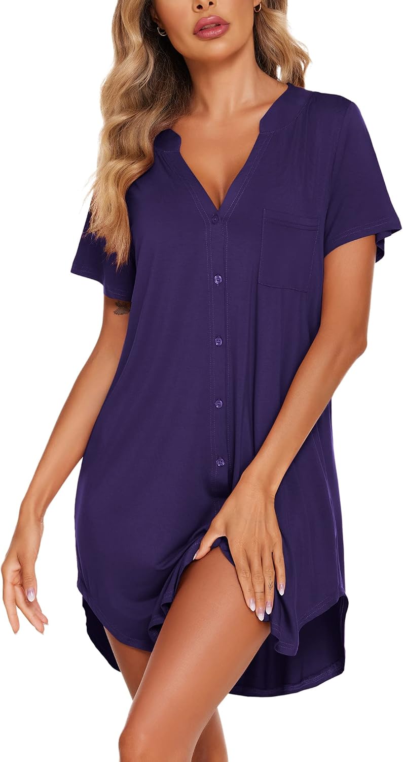Ekouaer Nightgowns for Women Button Down Night Gown Short Sleeve Nightshirt