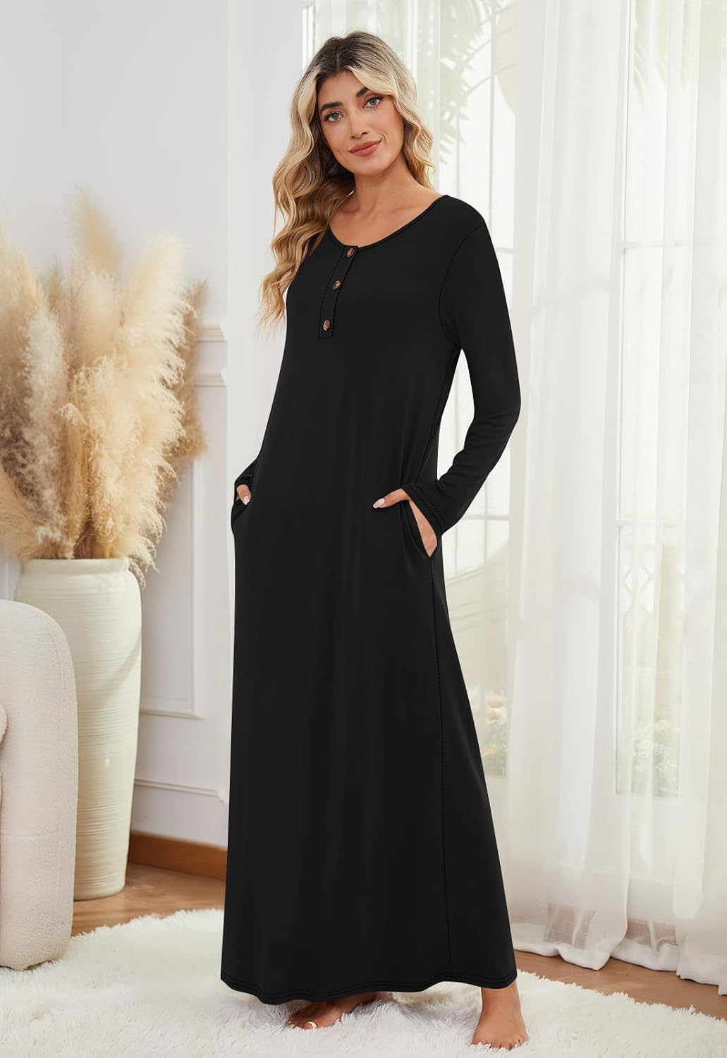 DouBCQ Nightgowns for Women Long Sleeve Button House Dress Soft Sleepwear