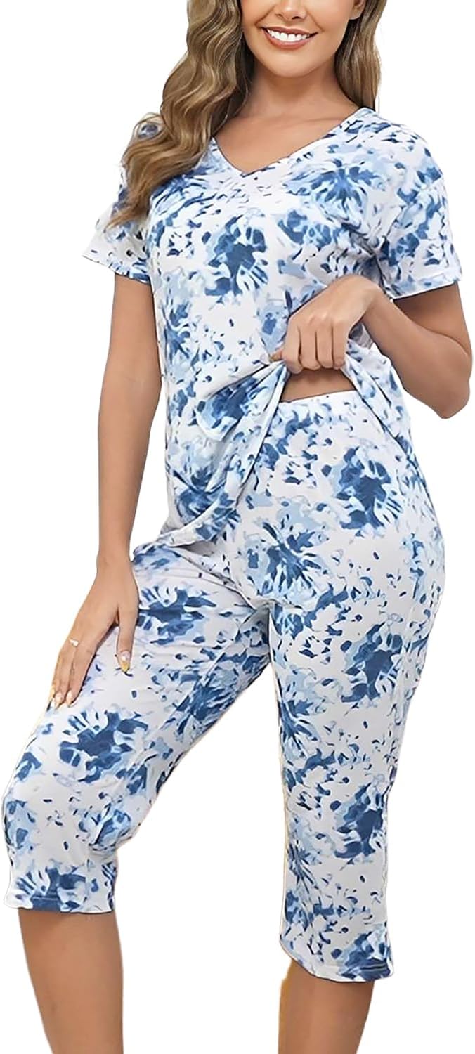 Inadays Womens Pajama Sets Cotton Short Sleeve Top With Capri Pants Pjs