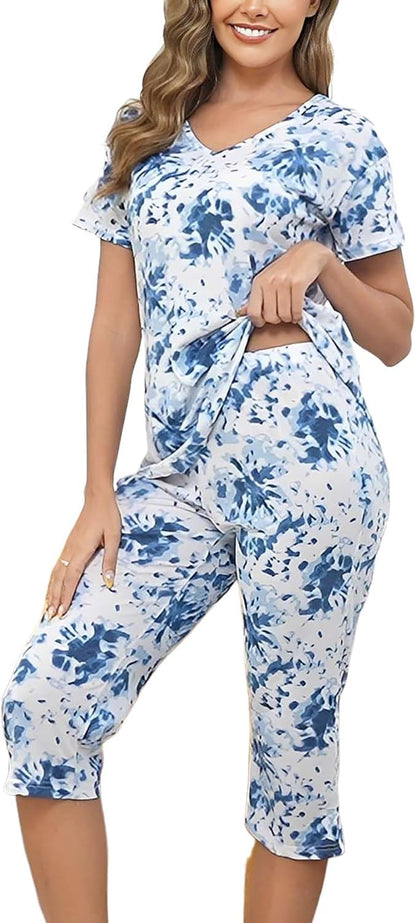 Inadays Womens Pajama Sets Cotton Short Sleeve Top With Capri Pants Pjs