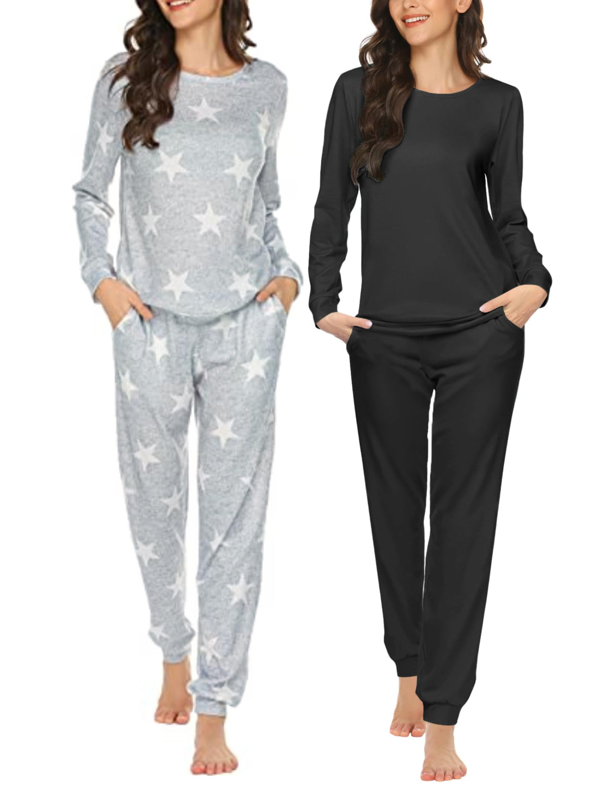 Ekouaer 2 Pack Pajama Sets for Women,Long Sleeve Top Jogger Pant Loungewear