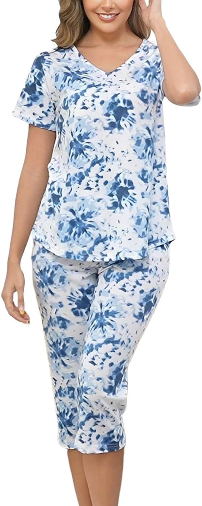 Inadays Womens Pajama Sets Cotton Short Sleeve Top With Capri Pants Pjs