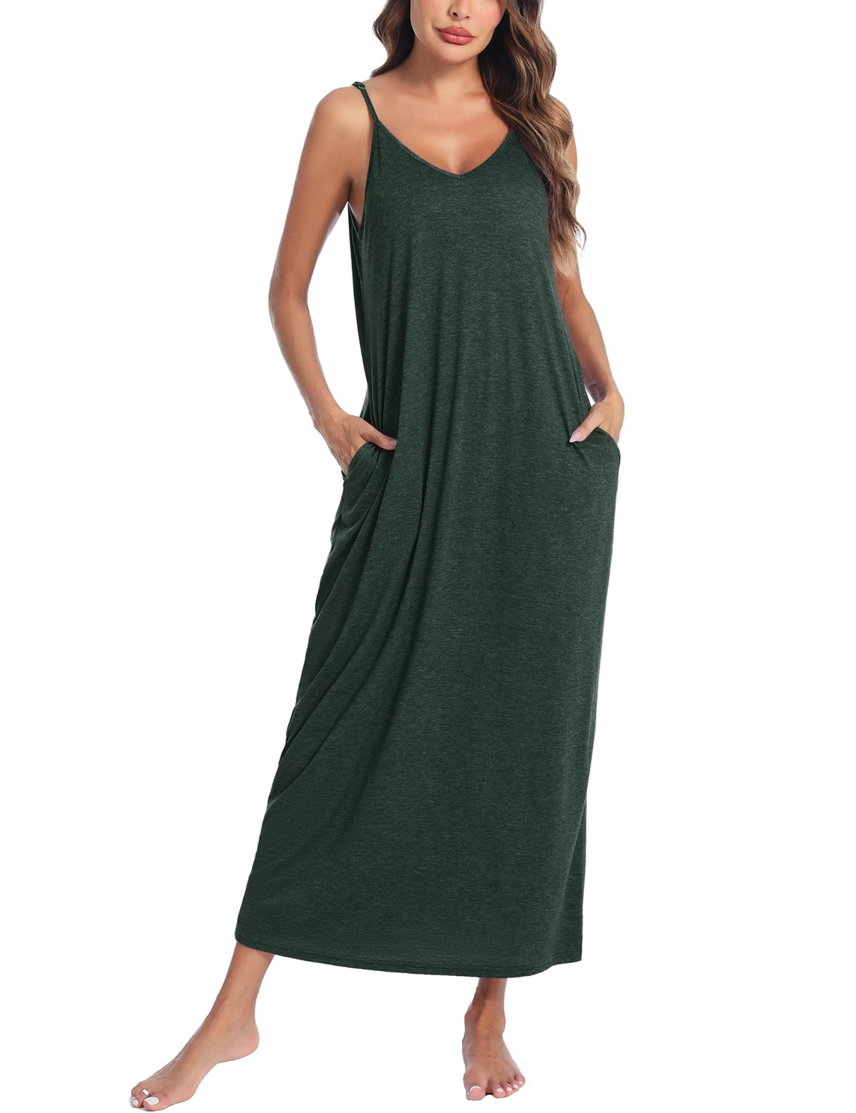 Marvmys Women's Cotton Long Nightgowns Sleeveless Sleep Dress with Pockets