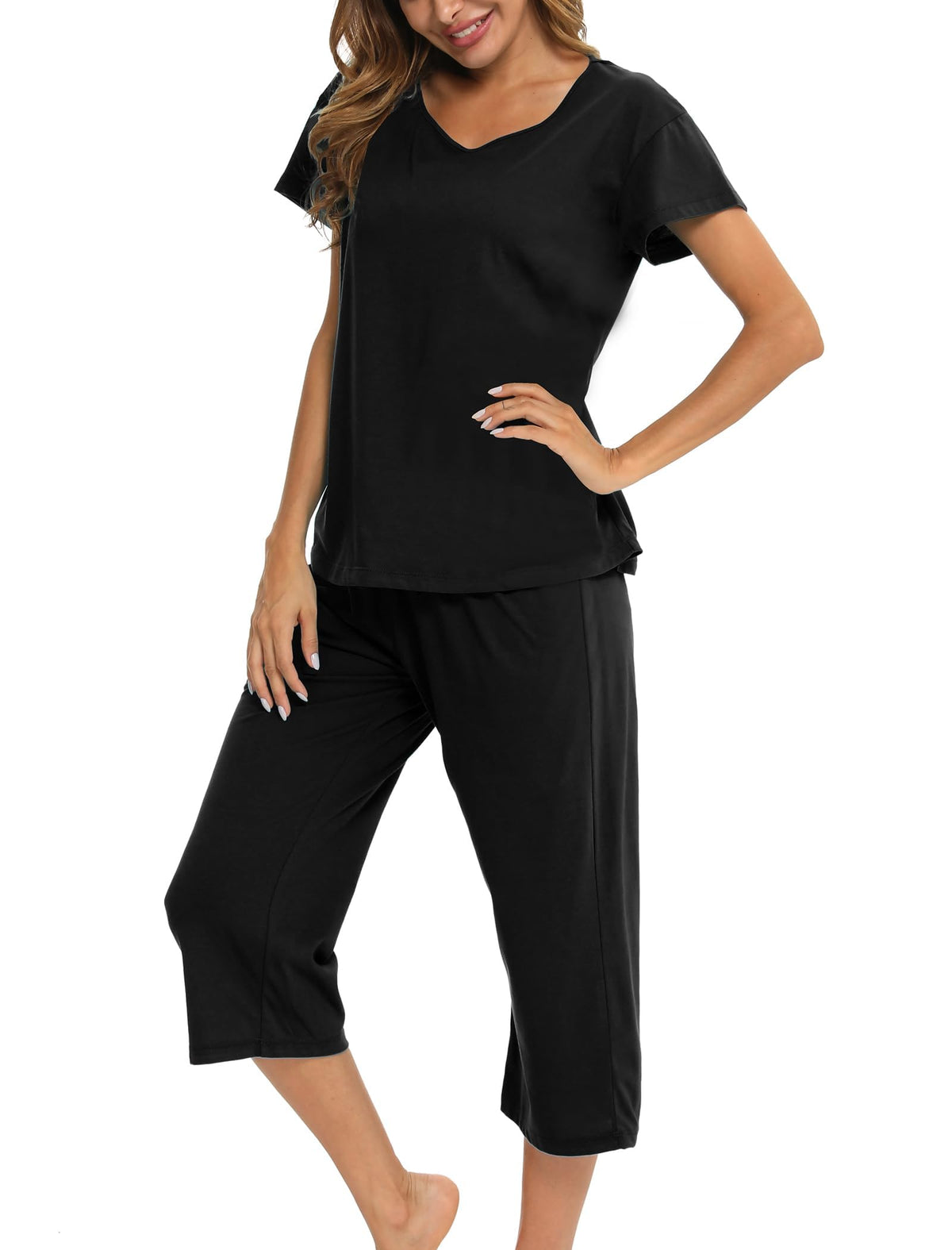 ENJOYNIGHT Womens Pajama Set Cotton Short Sleeve Top With Capri Pants Pj