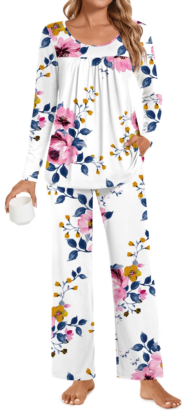 POPYOUNG Womens Pajama Set 2 Pieces Fall Pjs Comfy Sleepwear with Pockets